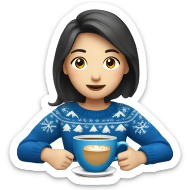 Asian girl drinking coffee wearing blue Christmas sweater sticker