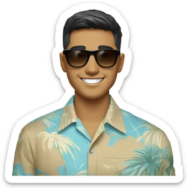 Smiling man, tan skin, black eyebrows, oblong face shape, light brown messy bowl haircut, wayfarer sunglasses, light blue hawaiian shirt with white palm tree pattern sticker