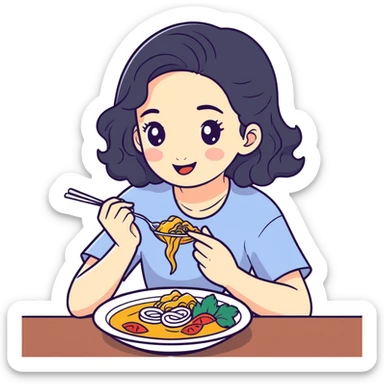 Pale girl with Black wavy hair eating Thai food sticker