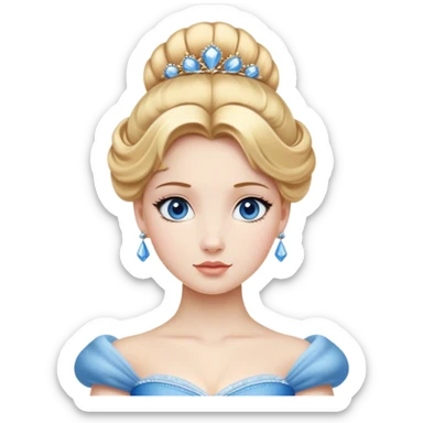 Cinematic Realistic Noble Cinderella Portrait, depicted with porcelain skin rendered in lifelike detail and soft, natural lighting that highlights every delicate nuance. Her intricately styled golden-blonde hair is arranged in an elegant updo, and her deep, expressive blue eyes radiate quiet determination. She wears her classic ball gown with rich fabric textures and delicate folds catching the light beautifully, all set against a subtly glowing, natural background that captures the essence of timeless royal grace. sticker