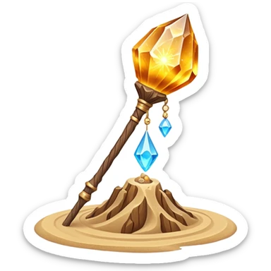desert sand mage staff object icon, ancient wooden staff, swirling sand crystal on top, glowing golden aura, small floating sand particles, fantasy desert style, 3D cartoon, mobile game icon style, centered, clean background, soft shadow, no text, no watermark
 sticker