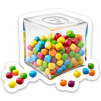 Geometric minimalist Skittles package, just a rainbow colored square with a small spill of green round candies. Ultra clean design. sticker
