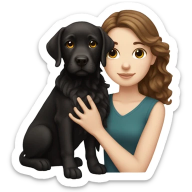 White girl with wavy brown hair holding a black Labrador sticker