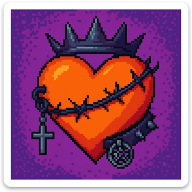 Make the heart orange, keep the retro and vibrant pixel art style with goth accessories. Render in pixel art style with vibrant colors and retro pixel aesthetics. sticker
