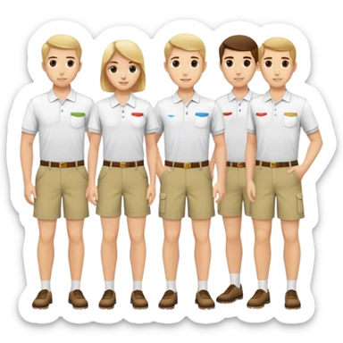 Group of pool attendants. plain white polos, khaki shorts.  sticker