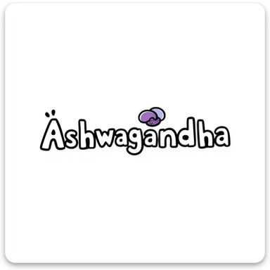 The word "Ashwagandha" hand-drawn in white text with a few purple and blue color accents. Simple doodle style with clean design. sticker