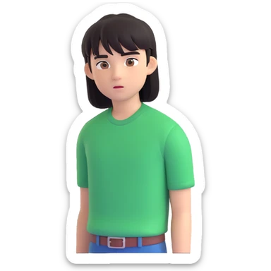 A boy with straight bangs covering his eyebrows, long hair at the back, black eyes, and brownish-black hair, wearing a green shirt the color of brilliant green antiseptic. sticker