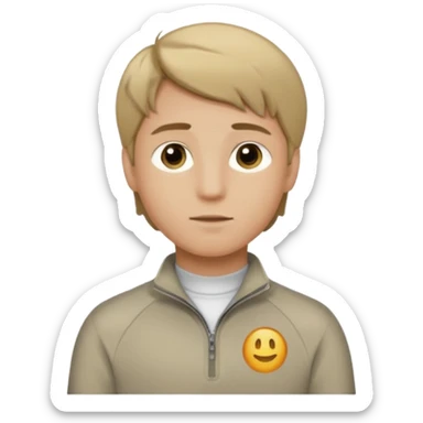 boy with dark blonde hair middle part with a quarter zip and a ' overhemd' underneath sticker