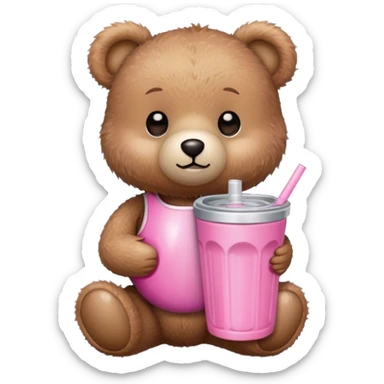 Small, cute brown teddy bear holding a pink Stanley tumbler sticker