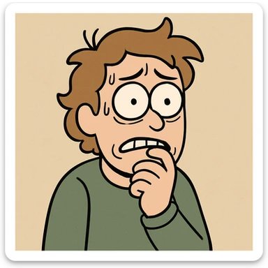 a person with a hand on their chin, wide eyes, looking anxious and scared, simple illustration sticker