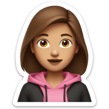 A girl with middle brown hair and brown eyes who wearing black hoodie and a pink jeans sticker