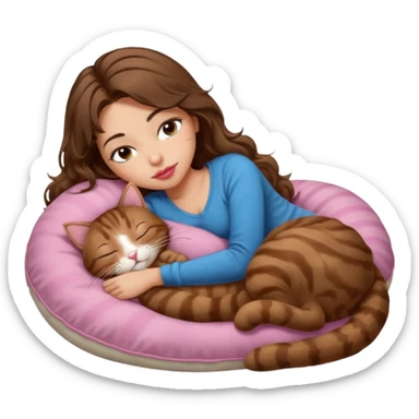 girl with long wavy brown hair, brown eyes, long lashes makeup, sexy pink lips, light to medium complexion,  sleeping on a cozy pillow, with brown tabby cat, sleeping sticker