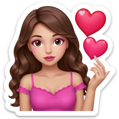girl with long wavy brown hair, brown eyes, long lashes makeup, sexy pink lips, light to medium complexion, wearing a pink sexy top, many  hearts in hand sticker