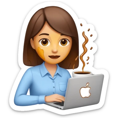 Office girl with laptop melting inside a coffee cup, funny emoji style. sticker