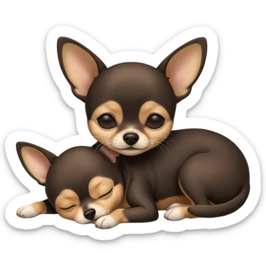 A high-resolution photo-realistic digital illustration of a  black with a bit of tan chihuahua with eyes closed shut sleeping lazily on the ground sticker
