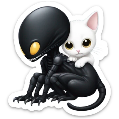 black Xenomorph hugs a white cat sticker