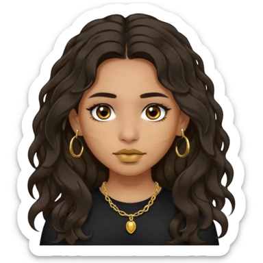 Girl with olive skin, very dark brown eyes and dark wavy long hair. wearing black shirt and gold septum ring sticker