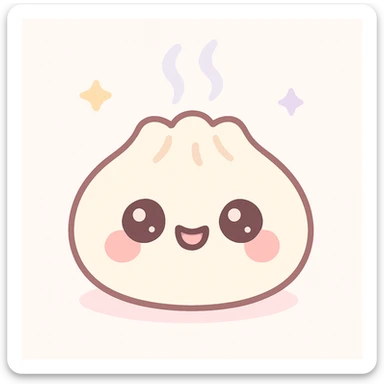 kawaii dumpling with blushing cheeks and a big smile, steam rising sticker