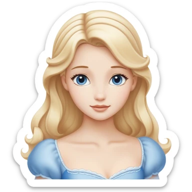 Cinematic Serene Cinderella Portrait Emoji, rendered in a realistic, vector-style with minimal shading. Depict a gentle Cinderella (chest and above) with porcelain skin, smooth blonde hair falling in soft waves, and calm, inviting eyes. Dressed in her modest daytime dress, she exudes quiet grace and pure enchantment, highlighted by a soft glowing outline. sticker