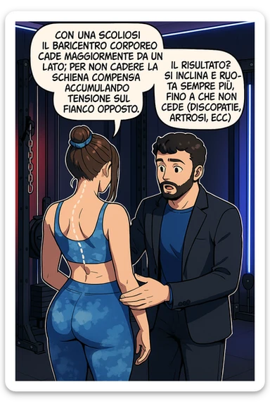 fai questa immagine in versione manga/webtoon a colori, il manga mostra la donna di spalle, mentre l'uomo le tocca la spina dorsale per spiegarle come funziona la scoliosi:
Con una scoliosi il baricentro corporeo cade maggiormente da un lato; per non cadere la schiena compensa accumulando tensione sul fianco opposto.
Il risultato? Si inclina e ruota sempre più, fino a che non cede (discopatie, artrosi, ecc) sticker