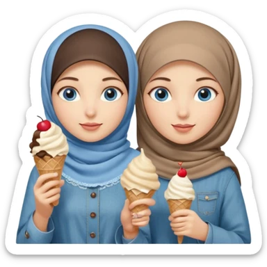 Turkish beautiful finish Konya two girls blue eyes with beige denim hijab islamic dress and had on her hand ice cream sticker