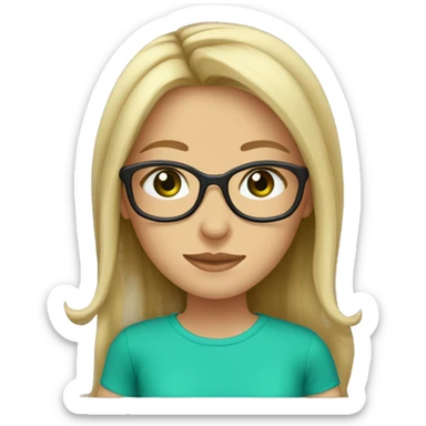 Girl, brown hair, blonde highlishts, green eyes, glasses, turquoise t-shirt sticker