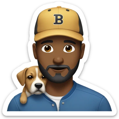White Man wearing baseball cap with a black beard beard holding a black mouth cur dog sticker