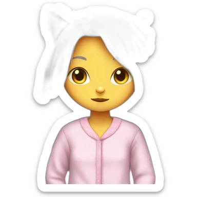 Cat-girl with long white hair yellow eyes in pajamas hiding sticker