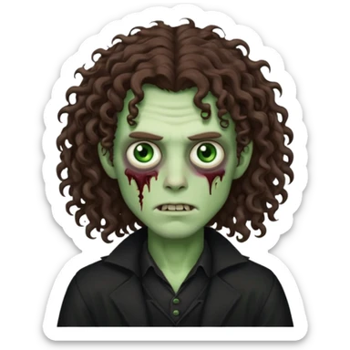 long curly haired male zombie with brown hair color and green eye color, with dark vampire clothes sticker