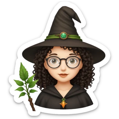 A dark curly haired girl with a witch hat, round glasses, and a plant wand sticker