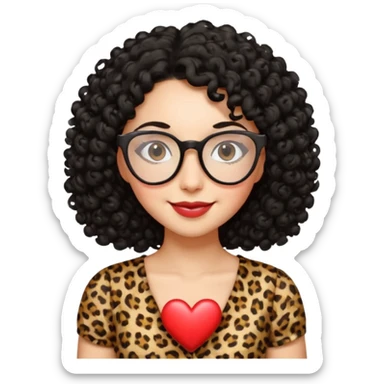 A women with a black curly hair and heart glasses, leopard print dress sticker