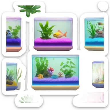 Rectangular fish tank, beige lid and wedges with green plants inside  and  fish in different neon colors (pink, yellow, purple, green, blue) sticker