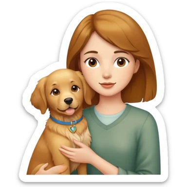A beautiful short brown-haired girl holding a golden retriever sticker
