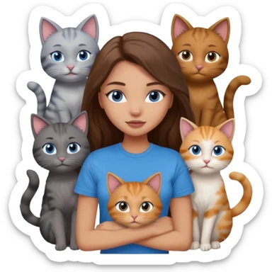 a pretty bratz dusky light skin girl with long brown hair, blue eyes with six cats nd wearing a grey tshirt sticker