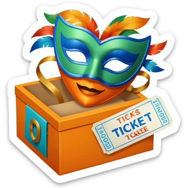 a box and a carnival mask in orange, blue and green with tickets as a bundle sticker