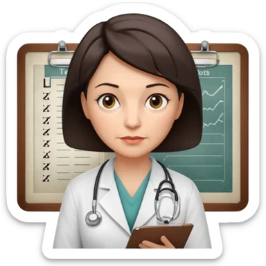 A female doctor in her 50s with visible facial wrinkles, dark brown short bob hair, her body turned slightly at an angle, with her gaze clearly directed downward and fixed on the medical chart she is reviewing. sticker