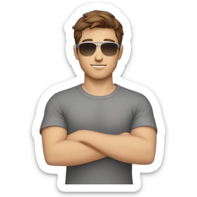 young white male with brown hair and brown eyes, wearing grey T-shirt, having pilot sunglasses and silver watch, while having crossed arms sticker