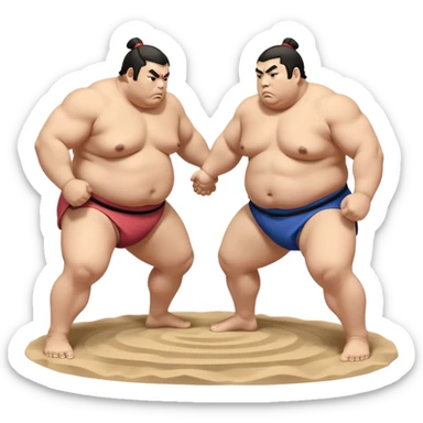 Sumo Wrestling – Cinematic Realistic Sumo Wrestling Scene, featuring a powerful sumo wrestler in traditional mawashi engaged in an intense bout on a sandy dohyo, muscles tensed and sweat glistening under dramatic arena lighting, capturing the raw energy and tradition of the sport. sticker