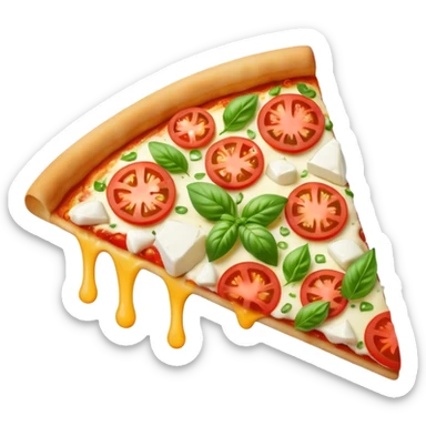 margarita pizza slice with visible toppings, cheese melting sticker