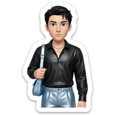 Ehren McGhehey with blue eyes, black hair, black metallic shirt, light steel blue metallic baggy pants, silver necklace sticker