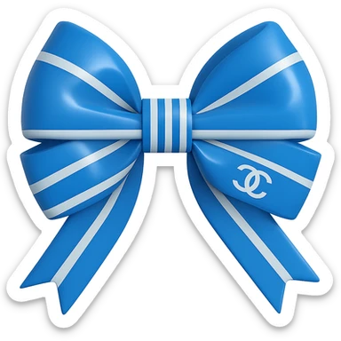 Change the striped bow to blue and white stripes, keep the small white Chanel logo visible, make the bow glossy in a 3D emoji style. Remove the background. sticker