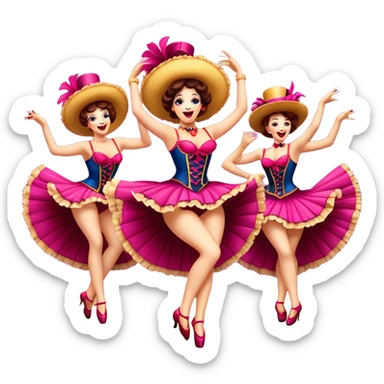 Cinematic Realistic Can-can Dance Emoji, depicted as a lively cabaret dance scene with flouncy costumes and dynamic energetic movement, rendered with vibrant textures and playful theatrical lighting that captures the spirit of French cabaret. sticker