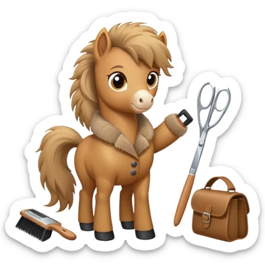 pony with grooming tools nearby sticker