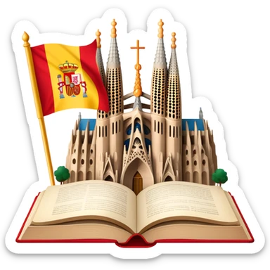 An icon featuring the Sagrada Familia and the flag of Spain, symbolizing the Spanish language. The design includes an open book with Spanish text and flamenco dancers, representing language learning and cultural heritage. Transparent background sticker