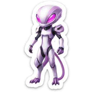 White Anthro-Lizard-Alien-Genesect-Mewtwo-Fakémon, with pink eyes, with a futuristic visor-helmet, wearing a techwear-suit, Full Body sticker