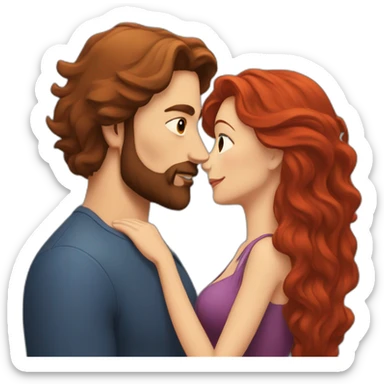a bearded man with dark hair kissing a woman with long red hair sticker