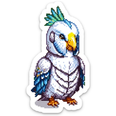 pixel art style cute budgie in a metallic knight helmet, bright feathers sticker