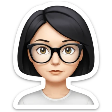 white woman about 50 years old with light warm skin, short black bob haircut to neck with slight waves at ends, neutral determined expression, large black shiny butterfly or cat-eye glasses, white casual t-shirt, calm and creative energy sticker