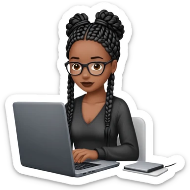  A dark Black woman with black box braids sitting behind a laptop, typing or looking at the screen. sticker