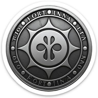 Minimal emoji, gothic metal coin made of black steel, engraved word FORTUNA at the center, ancient industrial aesthetic, worn metal texture, no glow, no neon, flat emoji design, centered, transparent background sticker